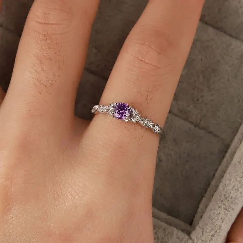 Sterling Silver Light Luxury Style Amethyst Zirconia Women's Ring in Europe and America Simple Fashion Gem Temperament Ring